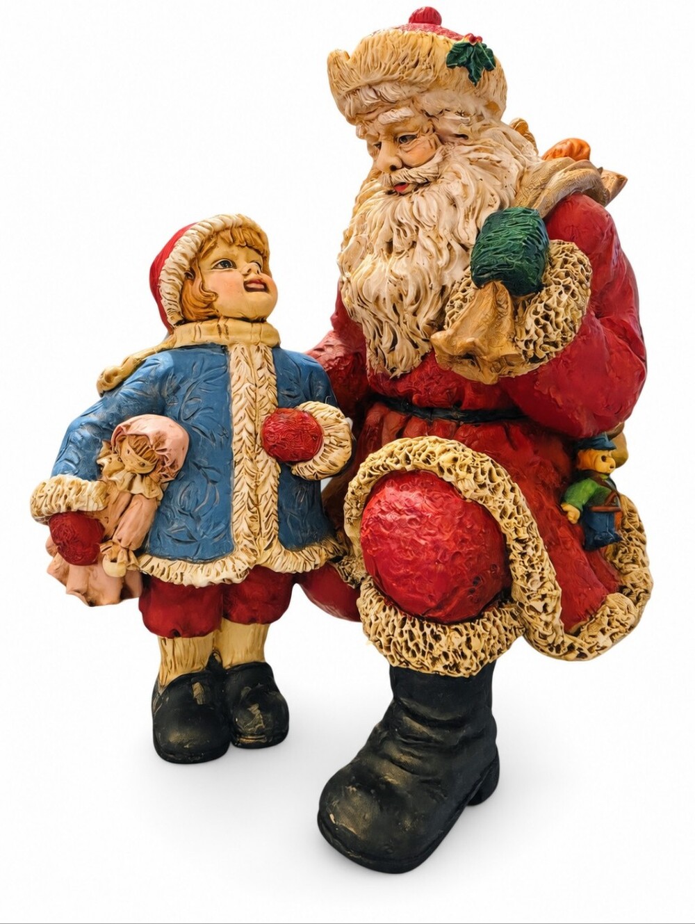 Vintage Holiday Hand-Painted Resin Figurine Santa Claus with Young Child